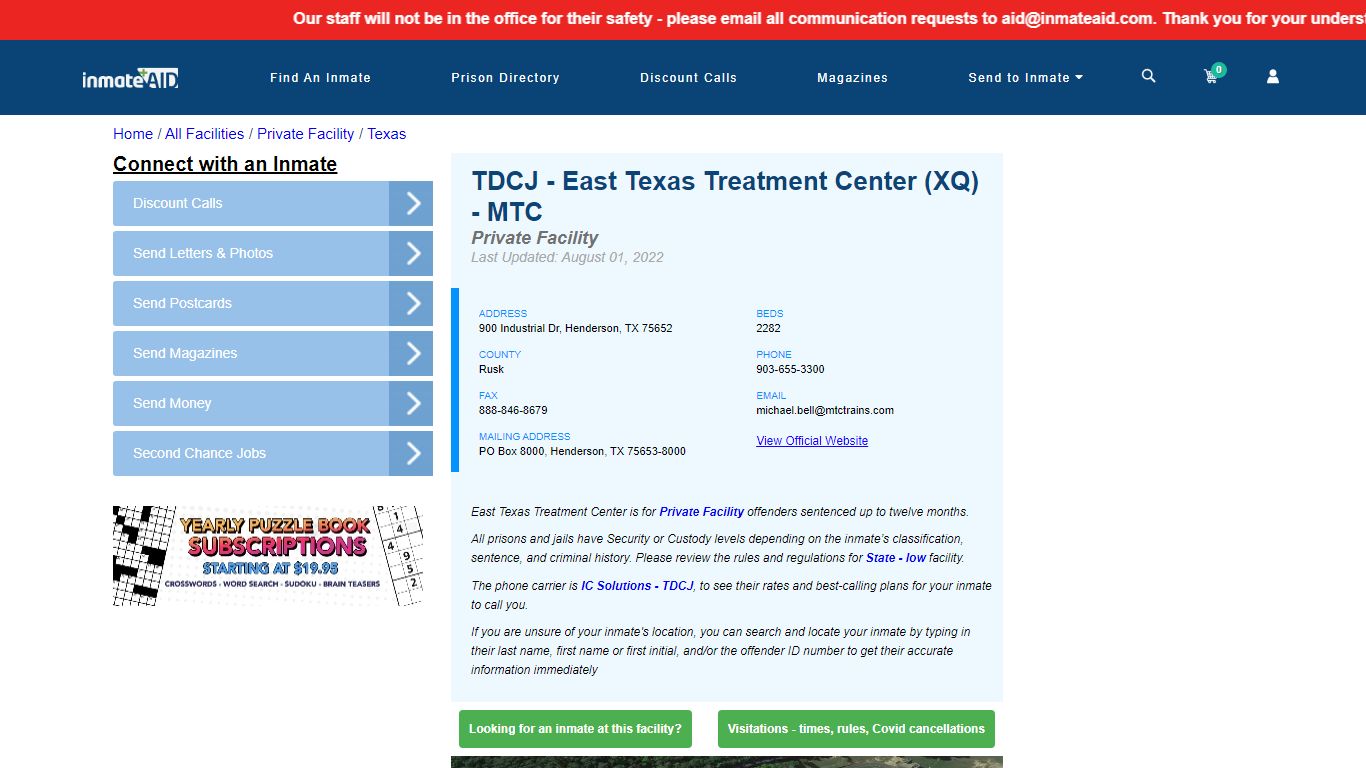 TDCJ - East Texas Treatment Center (XQ) - MTC - Inmate ...